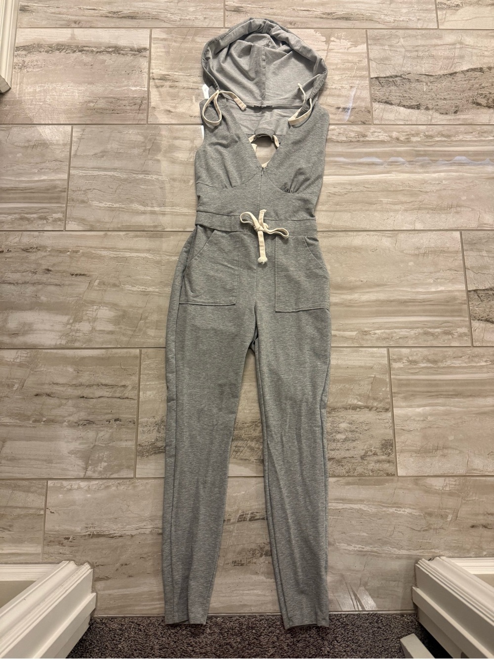 Fashion Nova Sleeveless Hooded Jumpsuit in Heather Gray with Drawstring